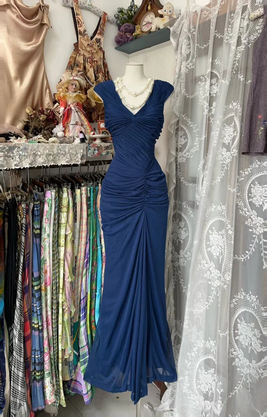 __Vintage  Midnight Blue Mermaid Gown __V Neck Pretty  Prom Dress for Events&Party ED01598