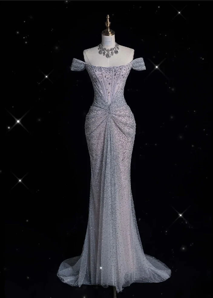 Mermaid Gown__ Off The Shoulder Tulle Sequins Long Prom Dress for Formal Events &Quinceanera ED01599