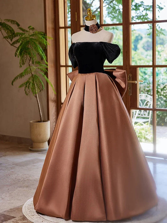A-Line Off Shouder Satin Brown Long Prom Dress, Brown Long Formal Dress ED016