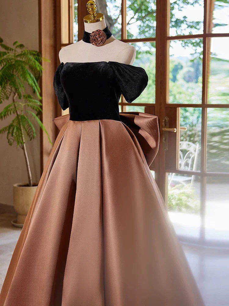 A-Line Off Shouder Satin Brown Long Prom Dress, Brown Long Formal Dress ED016