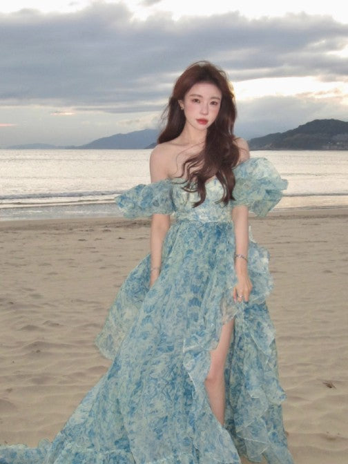A-Line off-shoulder organza print Long Prom Dress Birthday Adult Ceremony Dress HZ1024