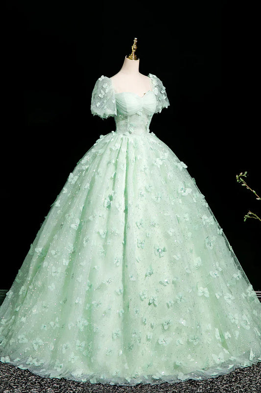 Green A-Line Tulle Beaded Sequin Long Prom Dress, Beautiful 3D Butterfly Evening Dress ED01605