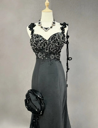 Elegant Black Mermaid Satin Beaded Sequin Long Prom Dress, Sweetheart Neck Evening Dress ED01606
