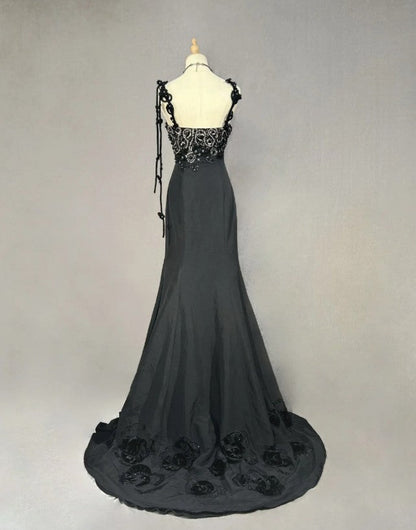 Black Mermaid Satin Beaded Sequin Long Prom Dress, Sweetheart Neck Evening Dress HZ1024