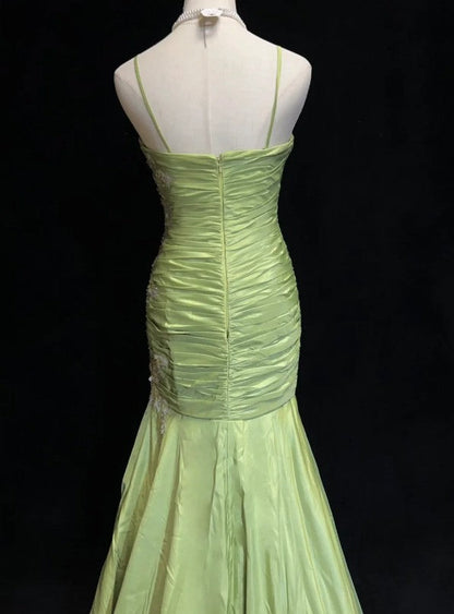 Green Mermaid Spaghetti Strap Satin Beaded Sequin Long Prom Dress Sweetheart Neck Evening Dress HZ1024