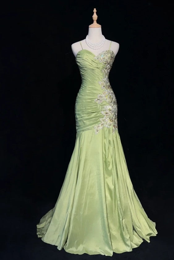 Green Mermaid Spaghetti Strap Satin Beaded Sequin Long Prom Dress Sweetheart Neck Evening Dress HZ1024