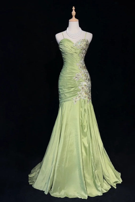 Green Mermaid Spaghetti Strap Satin Beaded Sequin Long Prom Dress Sweetheart Neck Evening Dress HZ1024