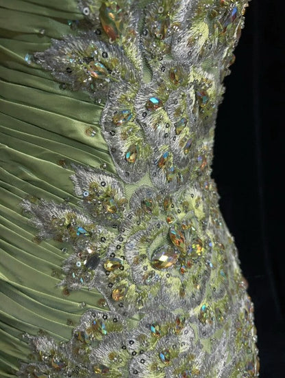 Green Mermaid Spaghetti Strap Satin Beaded Sequin Long Prom Dress Sweetheart Neck Evening Dress HZ1024