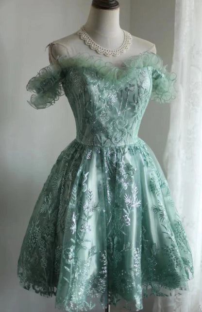 Green A-Line Tulle Beading Sequins Short Prom Dress Homecoming Dress  ED01608