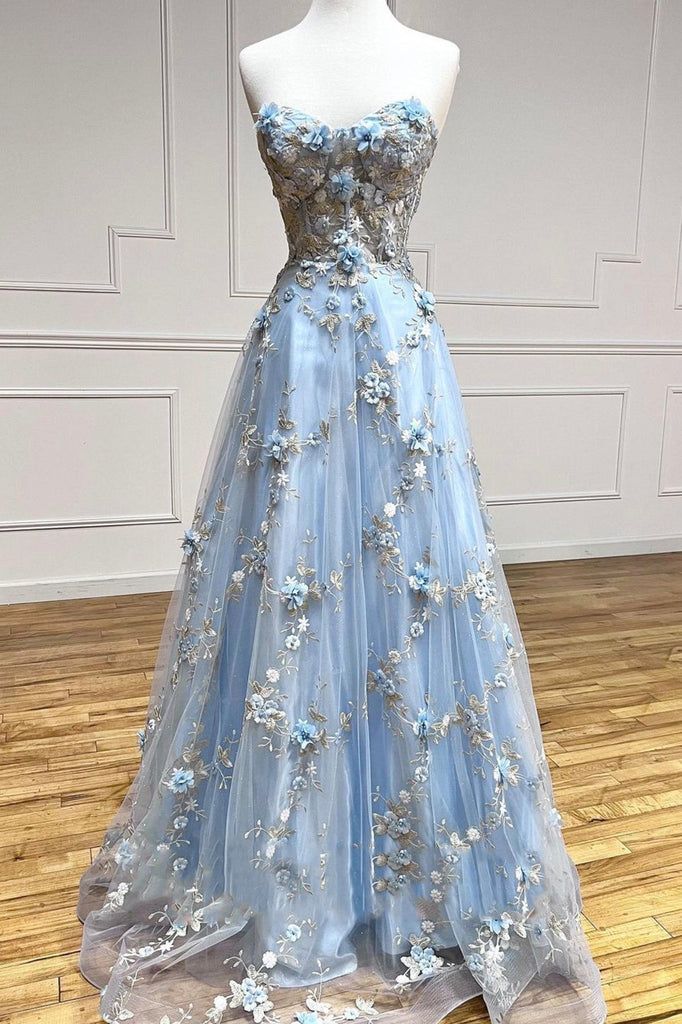 A-Line Sweetheart Tulle Appliques Long Prom Dress, Strapless Evening Dress HZ1024