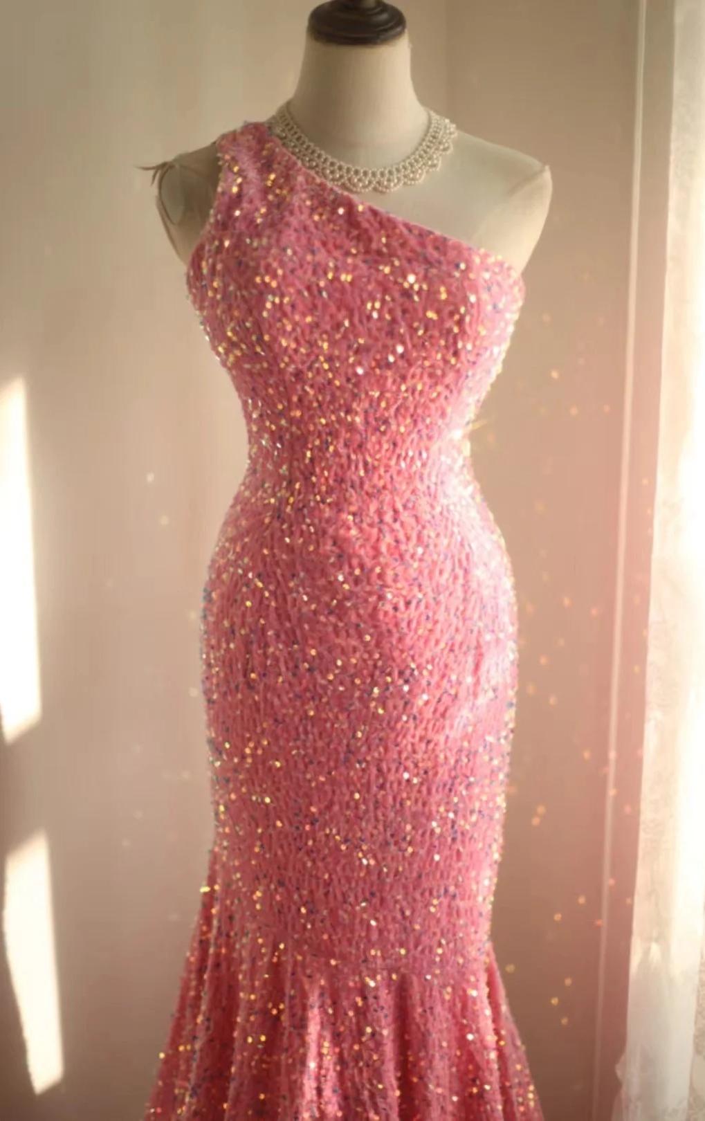 Pink Mermaid One Shoulder Sequined Pleated Long Prom Dress Backless Evening Dress HZ1024