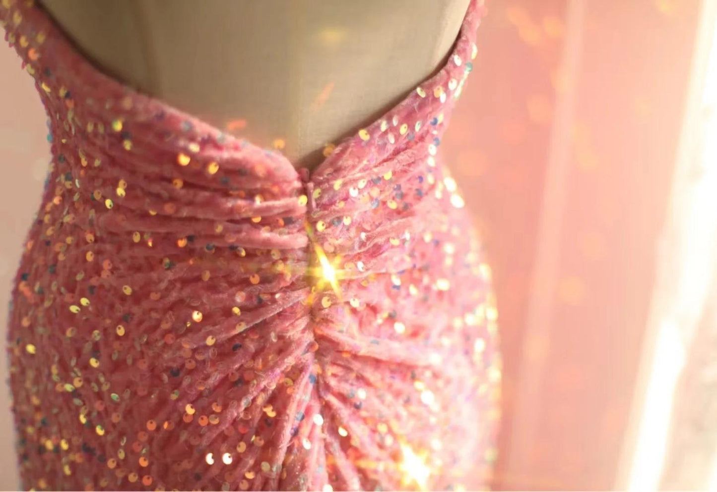 Pink Mermaid One Shoulder Sequined Pleated Long Prom Dress Backless Evening Dress HZ1024