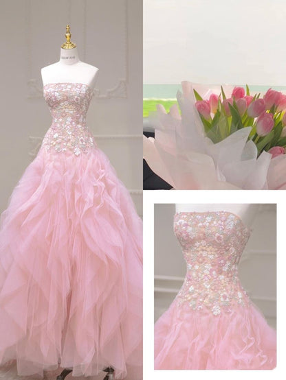 Mermaid Strapless Tulle Sequined Long Prom Dress, Sweet Embroidered Applique Wedding Dress HZ1024