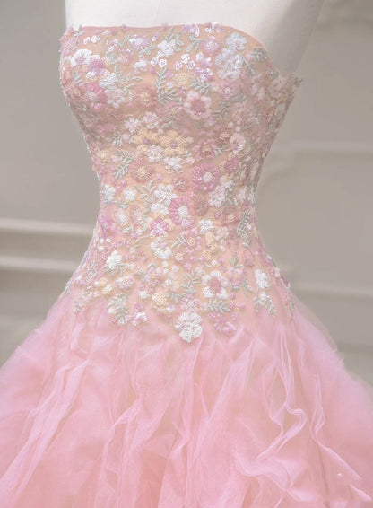 Mermaid Strapless Tulle Sequined Long Prom Dress, Sweet Embroidered Applique Wedding Dress HZ1024