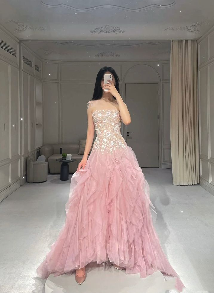 Mermaid Strapless Tulle Sequined Long Prom Dress, Sweet Embroidered Applique Wedding Dress HZ1024