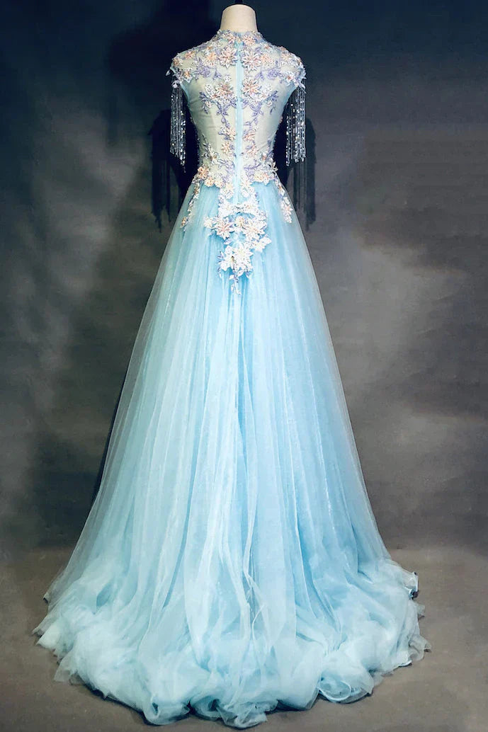 Sky Blue A-Line Tulle Beading Embroidery Appliques Long Prom Dress Pageant Gown HZ1024