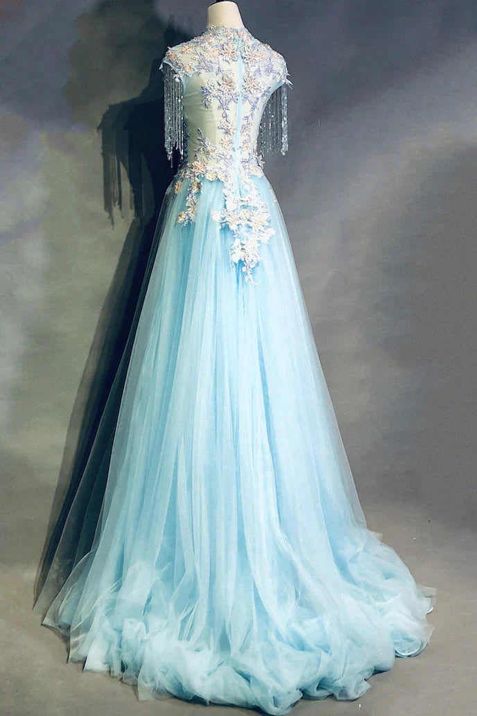 Sky Blue A-Line Tulle Beading Embroidery Appliques Long Prom Dress Pageant Gown HZ1024