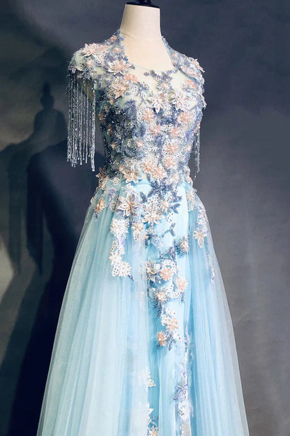 Sky Blue A-Line Tulle Beading Embroidery Appliques Long Prom Dress Pageant Gown HZ1024