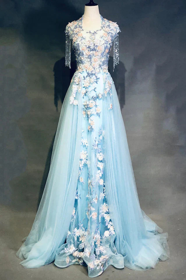 Sky Blue A-Line Tulle Beading Embroidery Appliques Long Prom Dress Pageant Gown HZ1024