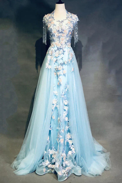 Sky Blue A-Line Tulle Beading Embroidery Appliques Long Prom Dress Pageant Gown HZ1024