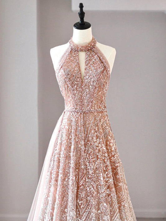 A-Line Halter Neck Sequined Tulle Long Prom Dress, Formal Evening Dress ED01614