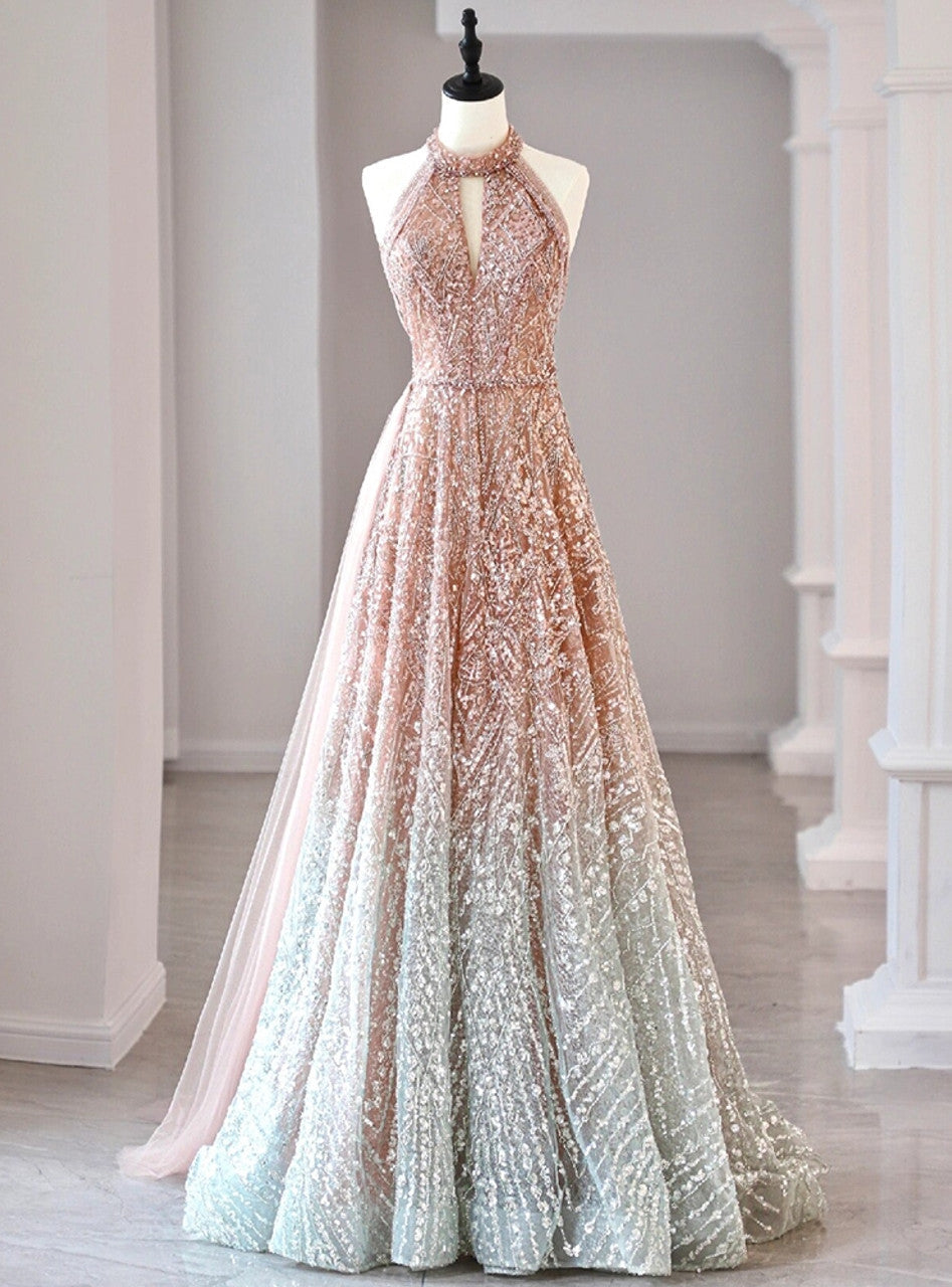 Halter Neck Sequined Tulle Long Prom Dress, Formal Evening Dress HZ1024
