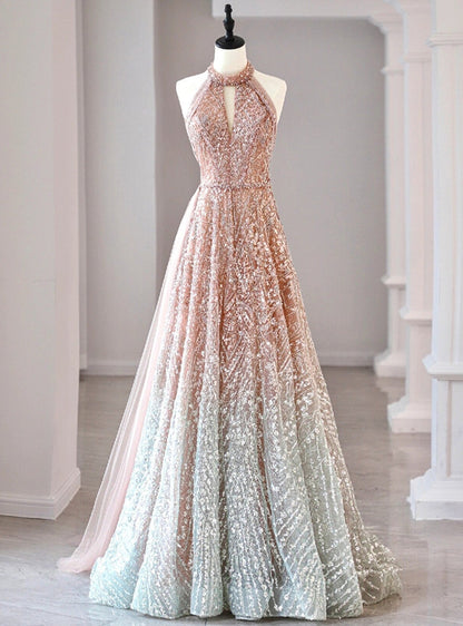 Halter Neck Sequined Tulle Long Prom Dress, Formal Evening Dress HZ1024
