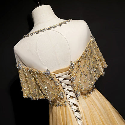A-Line Tulle Beading Sequins Long Prom Dress Lotus Leaf Sleeve Evening Dress HZ1024