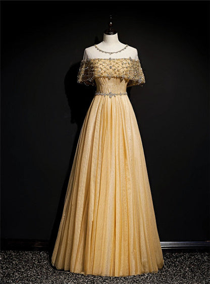 A-Line Tulle Beading Sequins Long Prom Dress Lotus Leaf Sleeve Evening Dress HZ1024