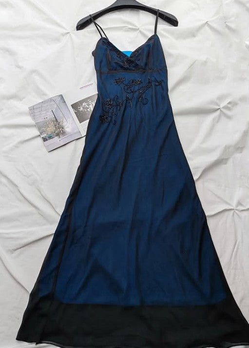 Navy Blue Mermaid Spaghetti Strap Tulle Beading Long Prom Dress V-Neck Vintage Party Dress ED01616