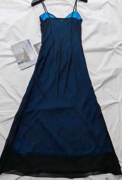 Blue Mermaid Spaghetti Strap Tulle Beading Long Prom Dress V-Neck Vintage Party Dress HZ1024