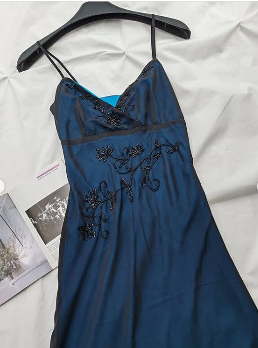 Blue Mermaid Spaghetti Strap Tulle Beading Long Prom Dress V-Neck Vintage Party Dress HZ1024