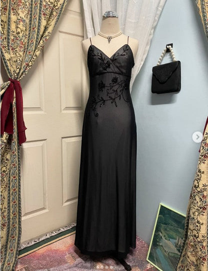 Navy Blue Mermaid Spaghetti Strap Tulle Beading Long Prom Dress V-Neck Vintage Party Dress ED01616