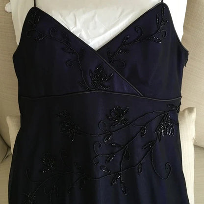 Navy Blue Mermaid Spaghetti Strap Tulle Beading Long Prom Dress V-Neck Vintage Party Dress ED01616
