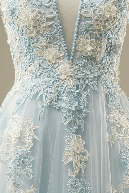 Blue A-Line Spaghetti Strap Tulle Beading Long Prom Dress Sweet Embroidery Applique Evening Dress for Graduation HZ1024