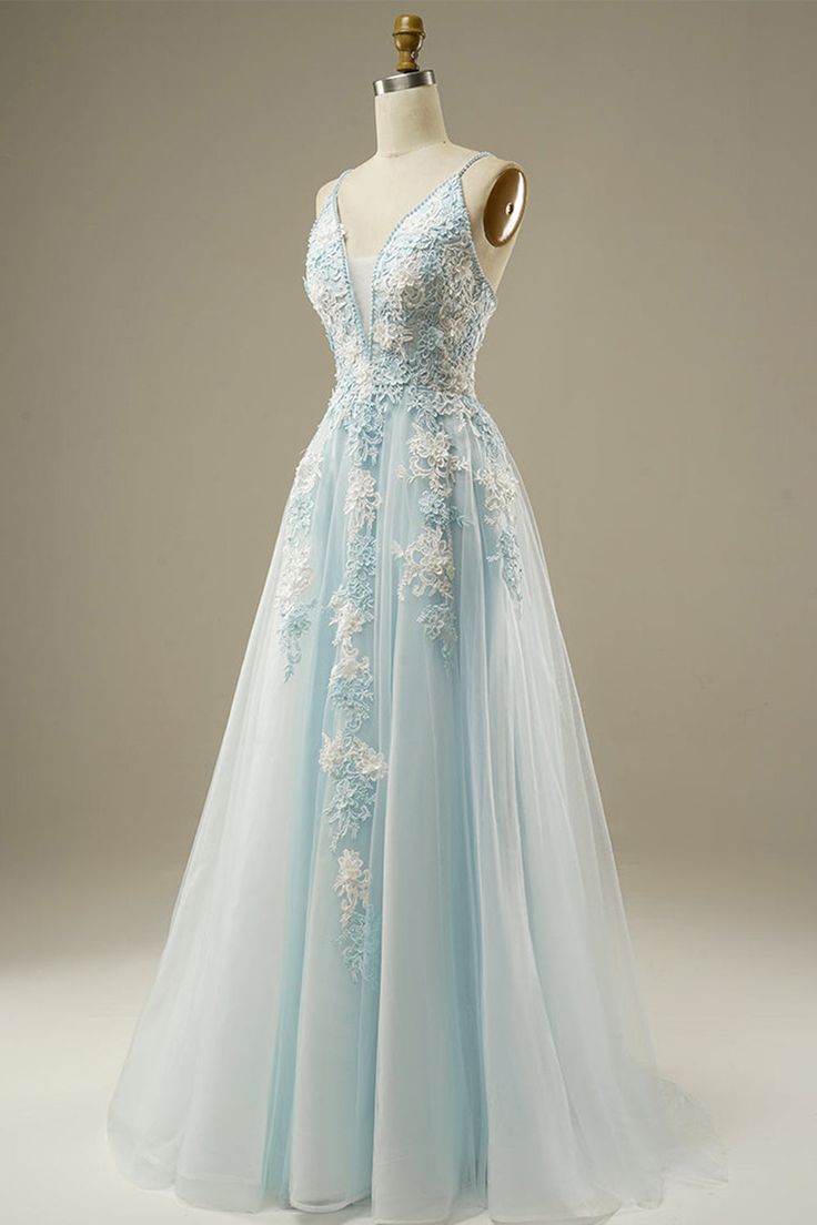 Blue A-Line Spaghetti Strap Tulle Beading Long Prom Dress Sweet Embroidery Applique Evening Dress for Graduation HZ1024