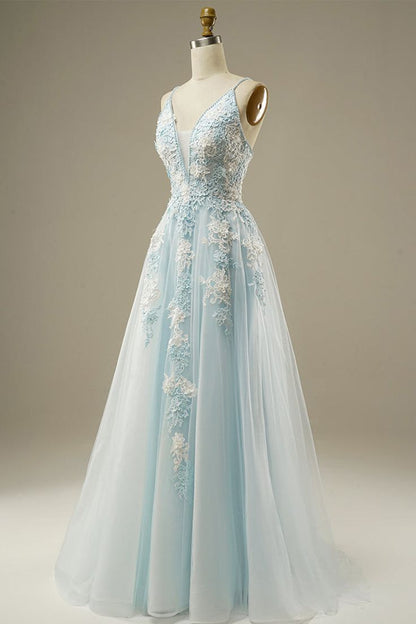 Blue A-Line Spaghetti Strap Tulle Beading Long Prom Dress Sweet Embroidery Applique Evening Dress for Graduation HZ1024