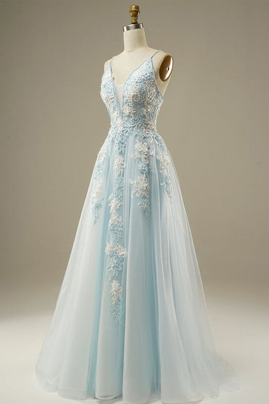 Blue A-Line Spaghetti Strap Tulle Beading Long Prom Dress Sweet Embroidery Applique Evening Dress for Graduation HZ1024