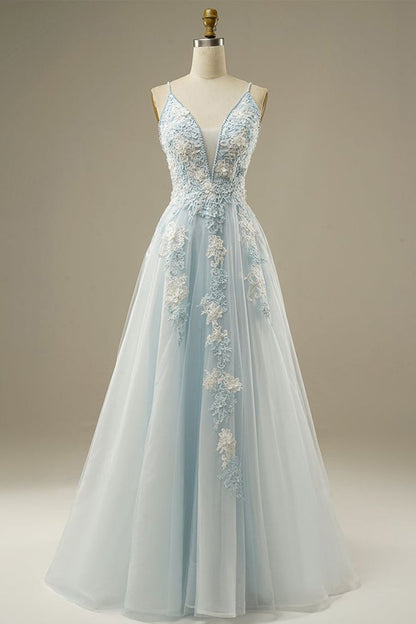 Blue A-Line Spaghetti Strap Tulle Beading Long Prom Dress Sweet Embroidery Applique Evening Dress for Graduation HZ1024