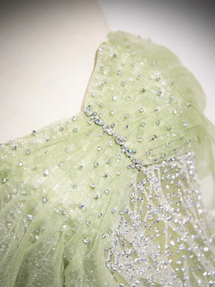 Sage A-Line Off the Shoulder Glittering Tulle Sequins Long Prom Dress Sweet 16 Dress ED01618