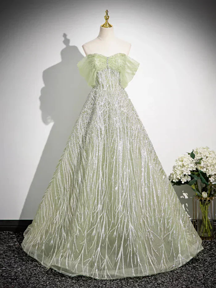 A-Line Off the Shoulder Glittering Tulle Sequins Long Prom Dress Sweet 16 Dress HZ1024