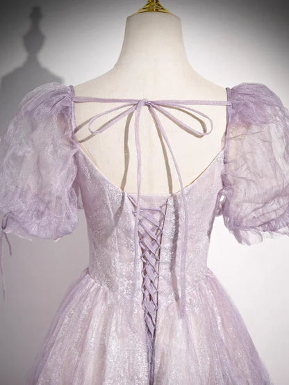 Sweet Lilac A-Line Sweetheart Tulle Beaded Long Prom Dress Puffy Sleeves Graduation Dress ED01619