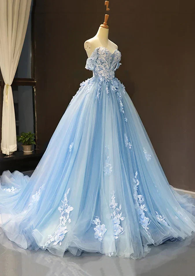 Off-the-Shoulder Sweetheart Sweep Train Tulle Prom Dress, Sky Blue Applique Wedding Dress HZ1024