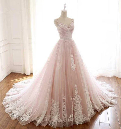 A Line Spaghetti Strap Tulle Beaded Long Prom Dress Sweet Applique Wedding Dress HZ1024