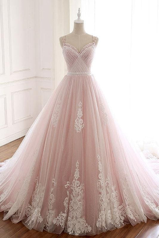 A Line Spaghetti Strap Tulle Beaded Long Prom Dress Sweet Applique Wedding Dress HZ1024