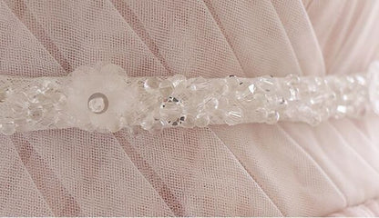 A Line Spaghetti Strap Tulle Beaded Long Prom Dress Sweet Applique Wedding Dress HZ1024