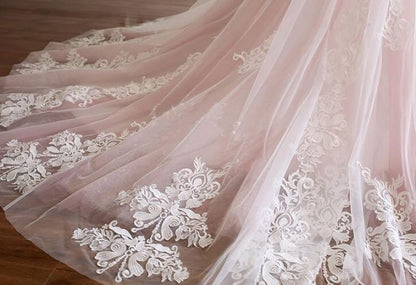 A Line Spaghetti Strap Tulle Beaded Long Prom Dress Sweet Applique Wedding Dress HZ1024