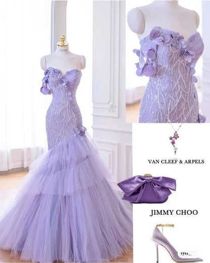 Purple Mermaid Sweetheart Neck Tulle Beaded Long Prom Dress Strapless Sequin Applique Birthday Evening Dress ED01625