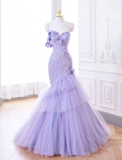 Purple Mermaid Sweetheart Neck Tulle Beaded Long Prom Dress Strapless Sequin Applique Birthday Evening Dress ED01625
