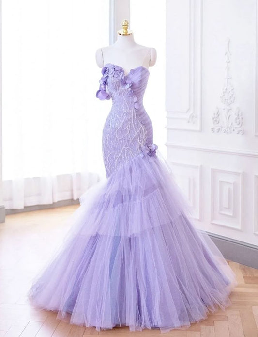 Purple Mermaid Sweetheart Neck Tulle Beaded Long Prom Dress Strapless Sequin Applique Birthday Evening Dress ED01625